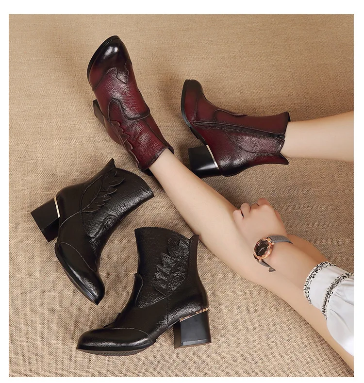 Vintage Casual Ankle Boots Women Shoes Genuine Leather Retro High Heels Ladies Shoes Botas Mujer Martin Boots Female Booties