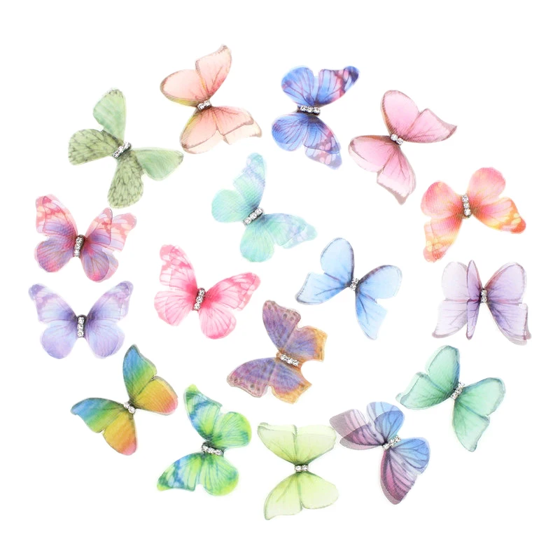 50Pcs Gradient Color Organza Fabric Butterfly Appliques 38Mm Translucent Chiffon Butterfly for Party Decor, Doll Embellishment