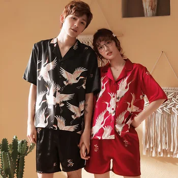 

Satin Couple Pajamas Set Crane Print Shirt&Shorts Lovers' Sleep Suit Silky 2PCS Sleepwear Casual Pyjamas Suit Summer Home Wear