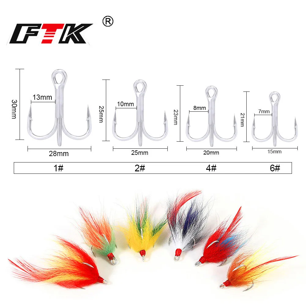 FTK 1/2/4/6# Tin Plating High Carbon Steel Treble Hooks With Hair Hard Lure Fly Fishing Tackle Round Triple Sea Fishing Hook