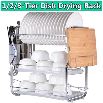 

1/2/3 Tier Dish Drying Rack Kitchen Washing Holder Basket Plated Iron Kitchen Knife Sink Dish Drainer Drying Rack Organizer
