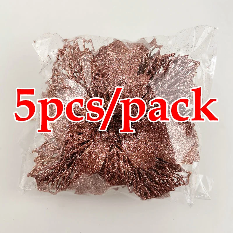 (5pcs/pack) 15cm Artificial Christmas Tree Flower Glitter Decorations Xmas Ornaments New Year Gift Wedding Party Decoration