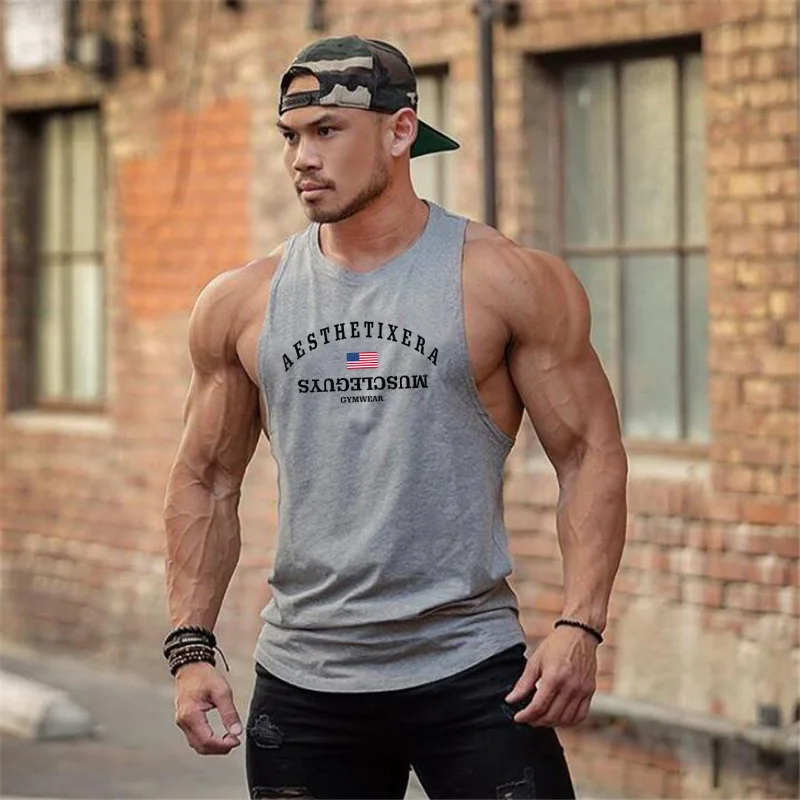 Muscleguys 남성용 탱크 탑 민소매 셔츠, 체육관 피트니스 보디빌딩 운동 싱글 슬링 조끼, 남성 여름 브랜드 의류