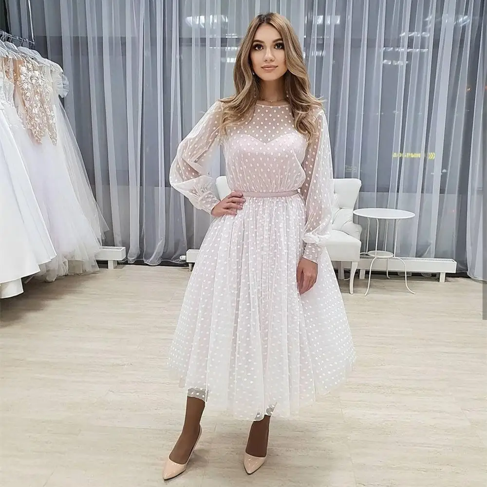 

Wedding Dress Short long Puff Sleeve Light Pink Sash A-Line Women Robe De Mariee Ankle Length Bridal Gowns Charming Petite