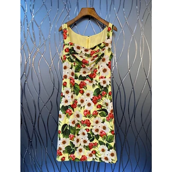

SEQINYY Vest Dress 2020 Summer Spring New Fashion Design Women Daisy Flowers Print Slim Mini Dress Elegant