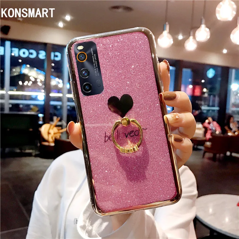 

KONSMART IQOO Neo3 Case For VIVO Iqoo Neo 3 5G Glitter Luxury IMD Love Finger Ring Stand Phone Cases Silicone Soft Back Cover