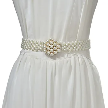 

Elegant Women Pearl Crystal Belt Waist Flower Elastic Buckle Chain Cummerbunds Female Girls Dress Strap Waistband Gift