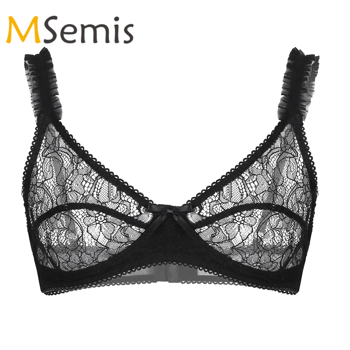 Mens Sissy Crossdress Bra Top See Through Sheer Lace Lingerie Spaghetti Straps Wire-free No Padded Lingerie Bralette Bra Tops