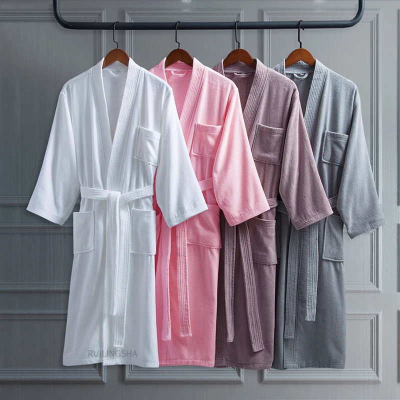 100% Cotton Long Thick Absorbent Terry Bath Robe Kimono Men LightWeight Waffle Towel Bathrobe Plus Sleepwear Women Dressing Gown
