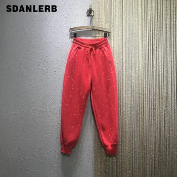 

Spring Winter Pants Women Hot Drilling Plus Velvet Thick Warm Casual Pants Womens Elastic-Waist Loose-Fit Trousers Students