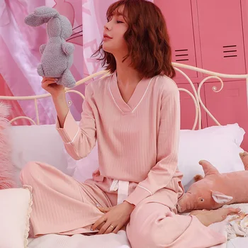

Autumn and Winter cotton pajamas women's bumper loose household clothes long-sleeved trousers suit can be worn outside sleepwear