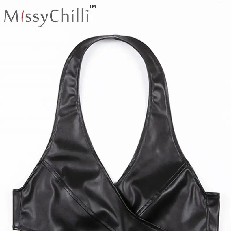 Черный MissyChilli, трикотажный бандаж на шею, синий, фестиваль, на бретельках, для женщин, v-образный вырез, без рукавов, элегантный укороченный топ, женский сексуальный клубный короткий топ - Цвет: Черный