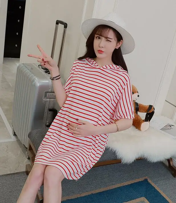 

Maternity Clothes 2018 Spring And Summer New Style Large Size Loose-Fit Stripe Short Sleeve Hooded Pregnant Women Dress