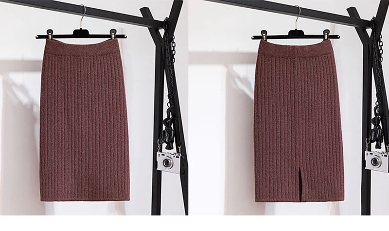 60-80 см эластичные женские юбки осень зима теплая трикотажная прямая юбка ребристая юбка средней длины черная