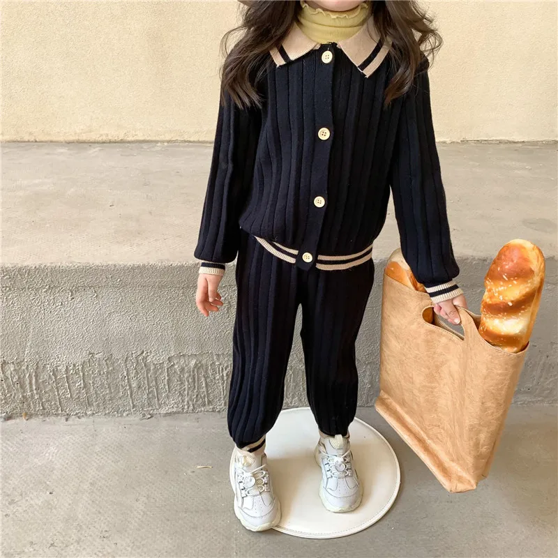 

Autumn fashion girls knitted outfits 2020 turn-down collar casual cardigan and casual soft knitting trousers 2pcs sets