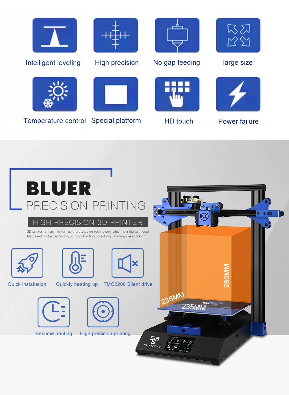 Два дерева 3d принтер Bluer автоматическое выравнивание полностью металлический 3d принтер Drucker большой размер печати DIY наборы Горячая кровать