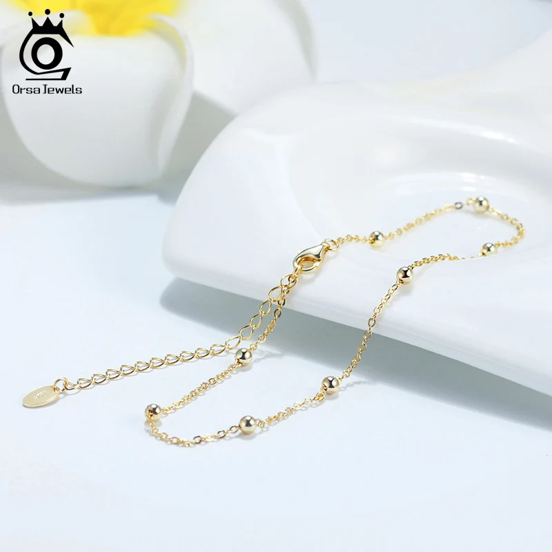 ORSA JEWELS Beads Adjustable Anklets Bracelet 100% 925 Silver Gold Silver Color Girl Women Barefoot Ankle Jewelry Gift SA05