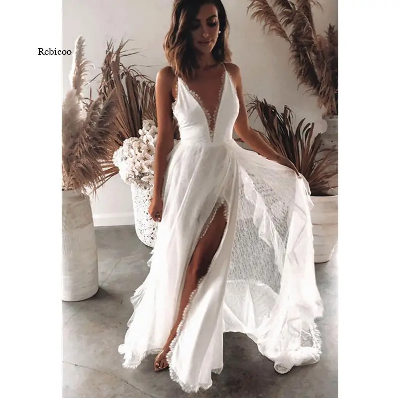 

Sexy Women High Slit Maxi Dress Floor-Length Sleeveless V-Neck White Lace Dress Perfect for Wedding Party Spaghetti Straps New