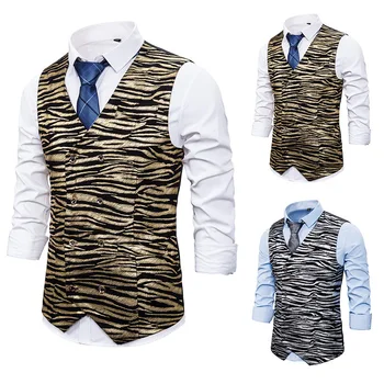 

2020 Men's Suit Waistcoat Youth Tiger Pattern Bronze Double Breasted Waistcoat