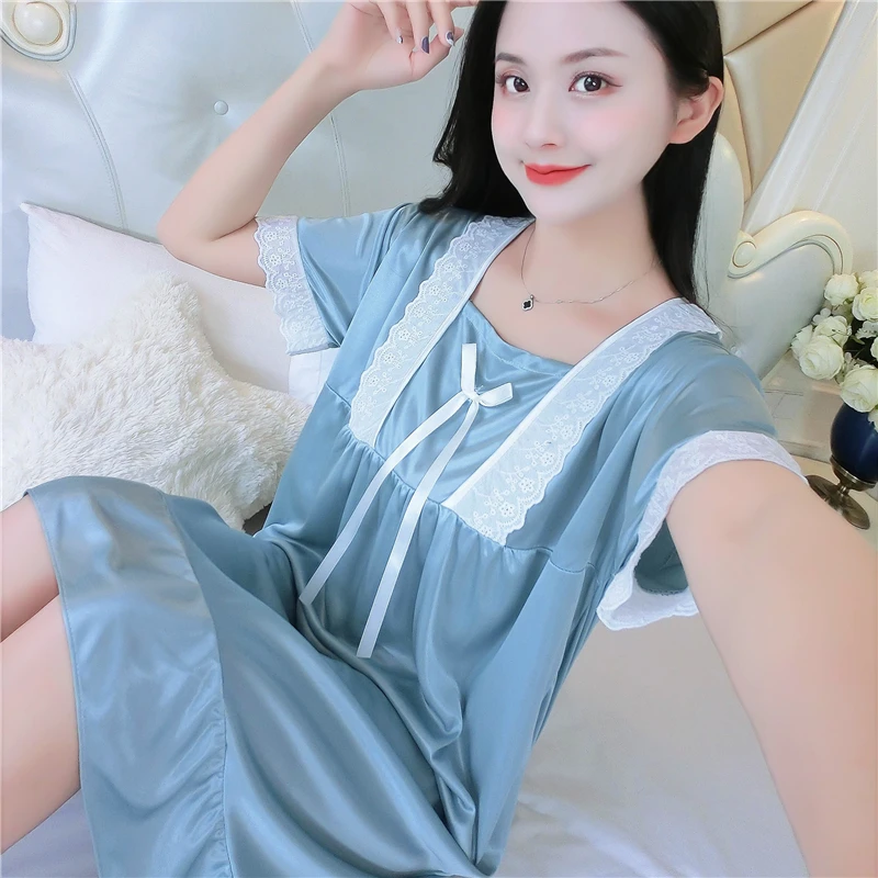 Peter Pan Collar Women Satin Nightgown Sexy Lace Sleepwear Strap New Ladies Silk Nightwear Sleep Wear Night Gown Lingerie Dress