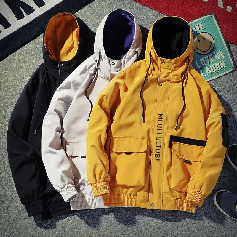 

2021 Autumn Fashion Mens Hooded Jacket New Men Korea Style Loose Windbreaker Jacket Male Cargo Coat Streetwear Hip Hop Outwear