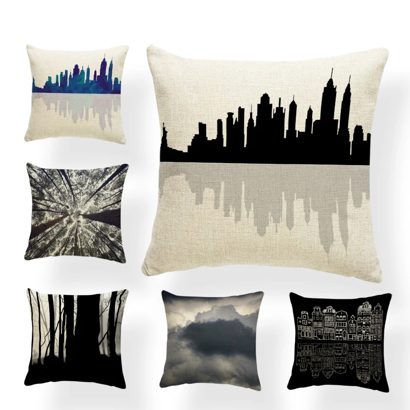 

Beautiful Scenery Cushion Set Moon Cycle City Forest Living Room Bedroom Home Decoration Sofa Pillowcase Polyester Linen Pillow