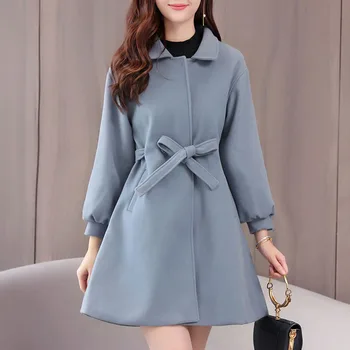 

Winter Korean Style Bold Color Fall Office Ladies Wool Blends Women's Sweet Wrapped Overcoats Elegant Lapel A Line Outwears