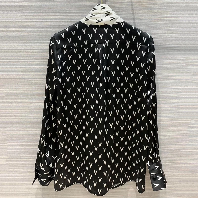 Женская элегантная шелковая блузка, модные топы с длинным рукавом, воротник-бант, с буквенным принтом, блузка, рубашка для женщин, офисная одежда, блузка