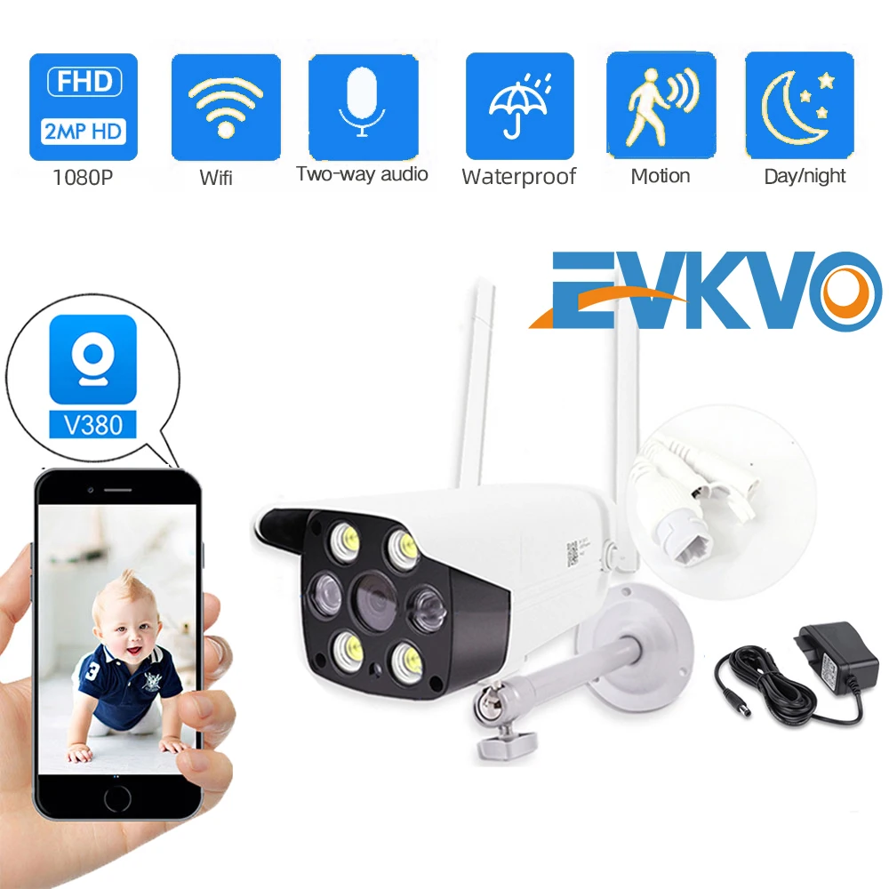 

EVKVO 2MP IP Camera WIFI 1080P Wireless Outdoor Waterproof Bullet Camera Color Night Vision Security Surveillance P2P Onvif V380