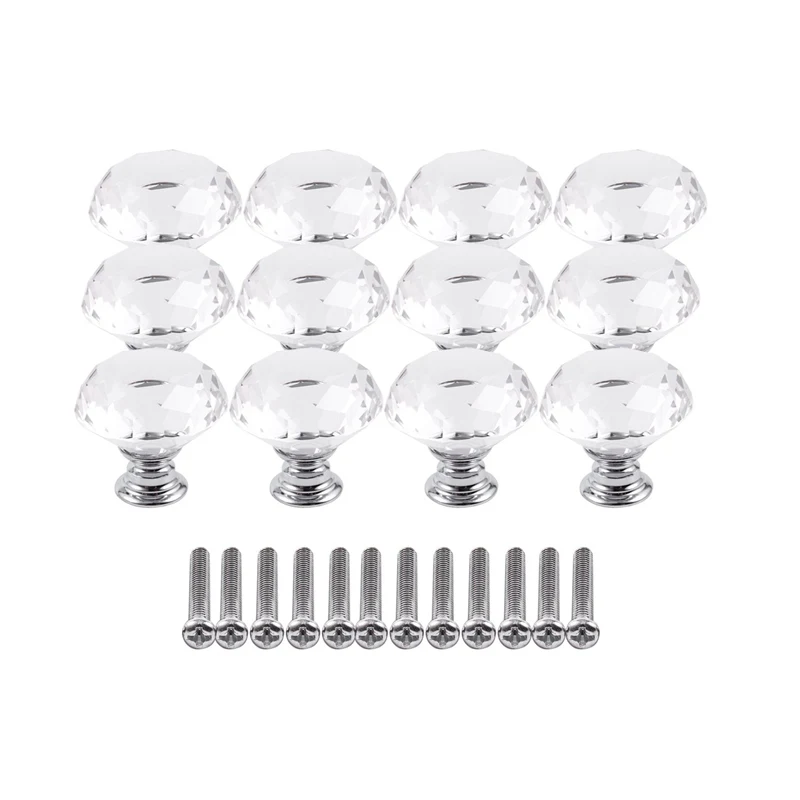 12pcs diamond-shaped crystal glass handle, 30mm drawer handle-transparent