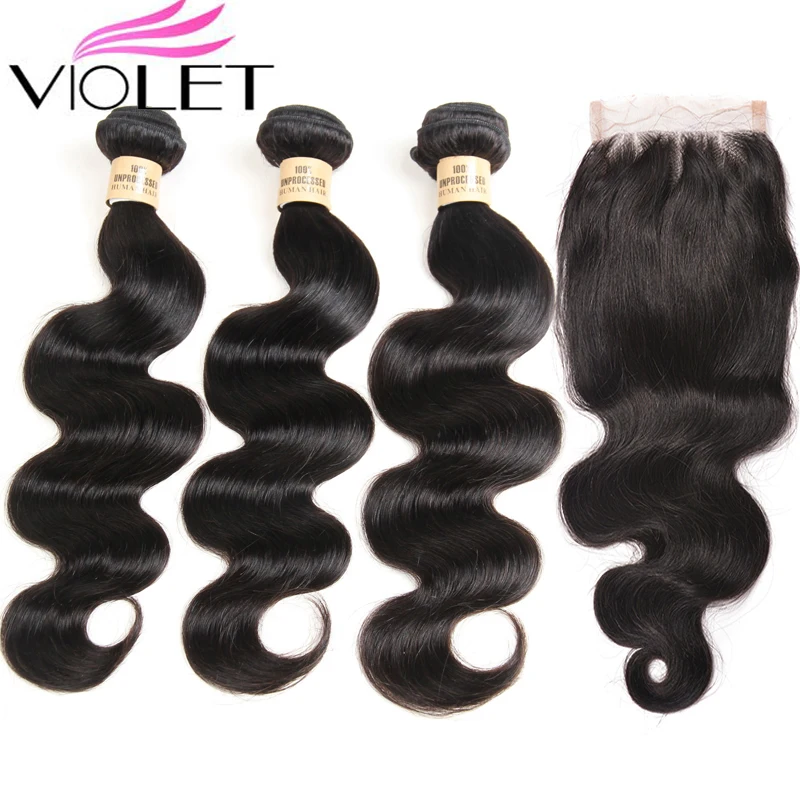 

Brazilian Body Wave With Closure 3 Bundles VIOLET Hair Weave Non Remy Free Part Lace 4 Piece Human Hair Bundles With Closure