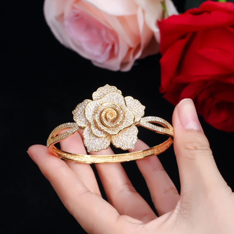 ERLUER роскошные свадебные обручение браслет браслеты для женщин Девушка заполните циркониевые кристаллы цветок форма ювелирные изделия золотистый браслет