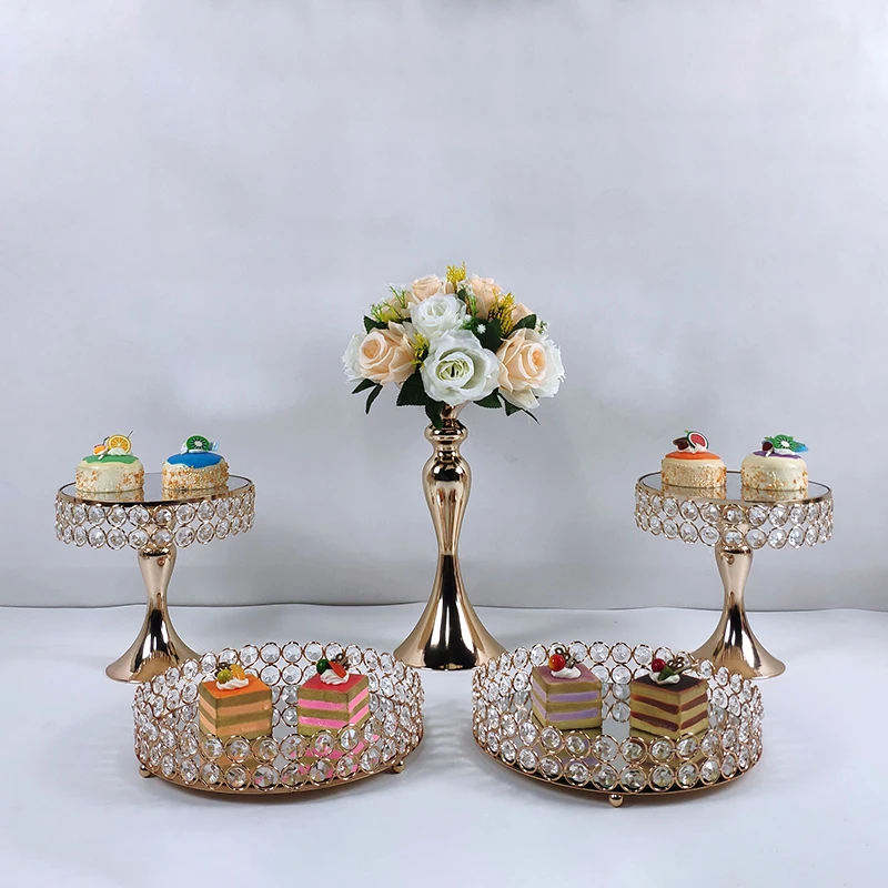 mirror Crystal beads cake stand set gold plated surface dessert stand wedding party table decoration baking tool