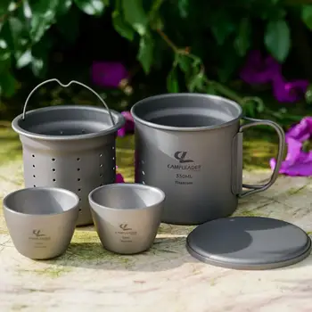 

4PCS Camping Titanium Tea Set Portable Space Saving for Outdoor Camping Hiking
