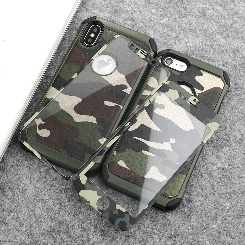 Камуфляжный защитный чехол для iPhone 11 Pro Max Xr X Xs 8 Plus 7 6S 6 5 5S SE, чехол для телефона 360, противоударное закаленное стекло