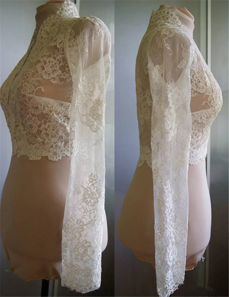 Luxury High V Neck Wedding France Lace Appliques White Ivory Jackets Long Sleeve Bridal Wraps Shawl Shrug Size Jacket
