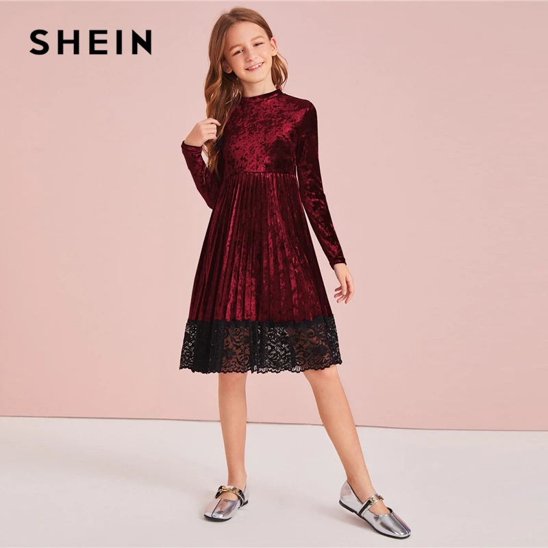 SHEIN/детское однотонное бархатное плиссированное платье с кружевным подолом и воротником-стойкой для девочек осенние платья средней длины с высокой талией и длинными рукавами