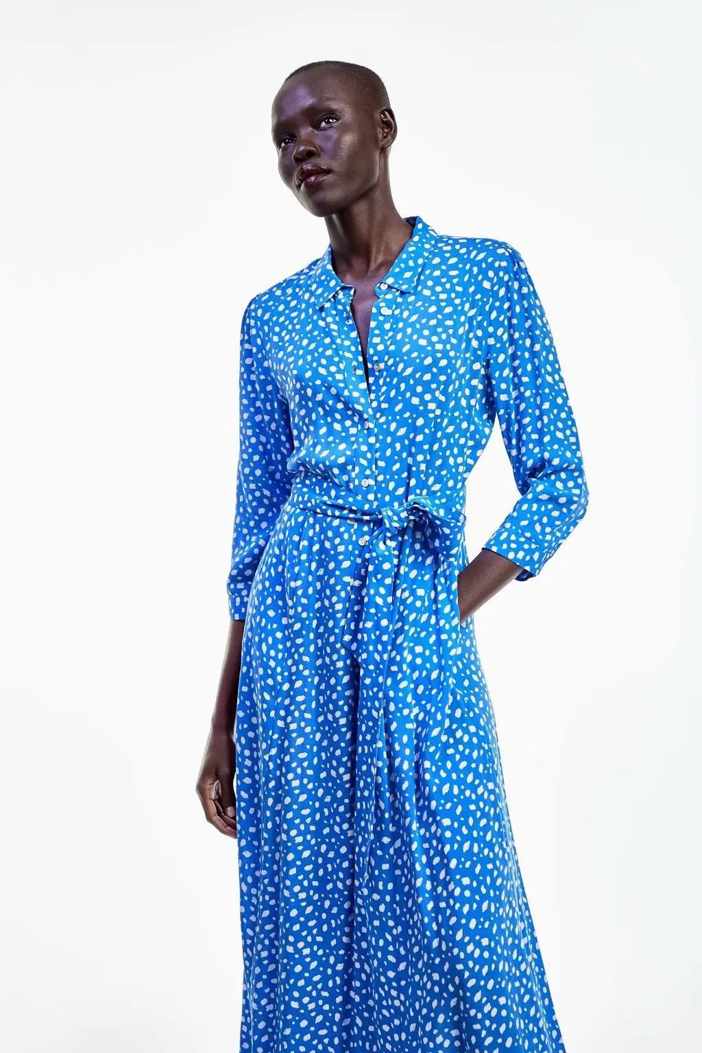 ZA осеннее Новое синее леопардовое платье в английском стиле с поясом, длинный рукав, отложной воротник, модная повседневная Уличная одежда миди