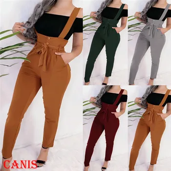 

Fashion OL Women Autumn High Waist Belt Jumpsuit Ladies Overall Long Trousers Pants Sleeveless Strap Dungarees Lace-up Overalls