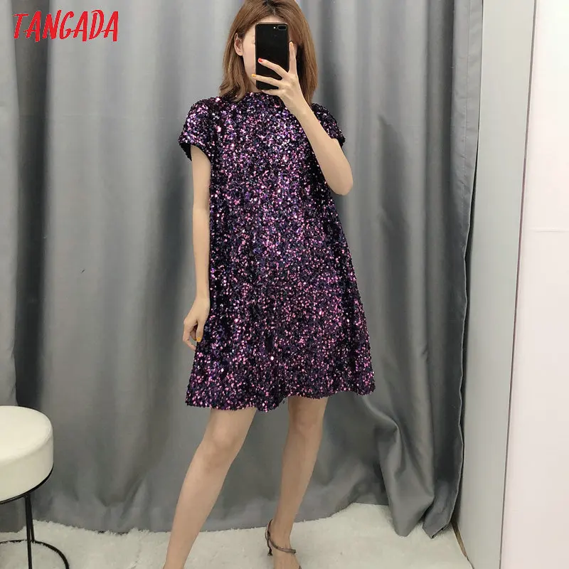 Tangada, женское Сексуальное Фиолетовое мини-платье с блестками, блестящее, короткий рукав, женское Новогоднее платье для вечеринки, vestidos BE101