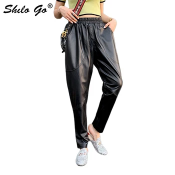 

Genuine Leather Pants Plus Size Black Button Front Solid Harem Pants 2020 Women Casual Autumn Elastic High Waist Crop Trousers