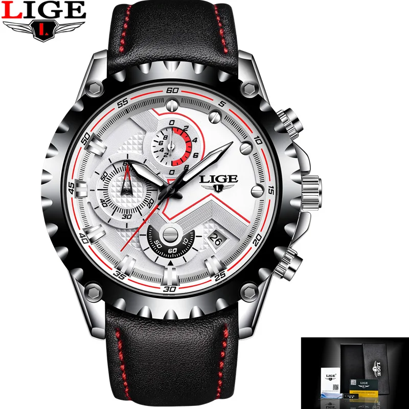 leather white LIGE новые мужские s часы Спортивные Хронограф лучший бренд класса люкс водонепроницаемые Модные часы кварцевые часы мужские relogio masculino Горячая - Цвет: leather white