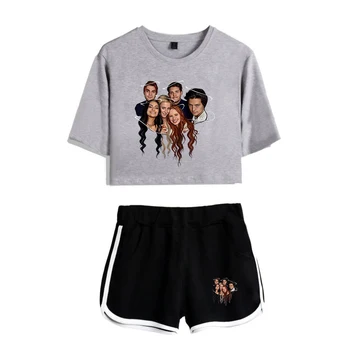 

Popular Riverdale Women's Two-Piece Fashion High Quality Riverdale Short Sleeve Grey Bare Navel T-Shirt + Black Shorts Set