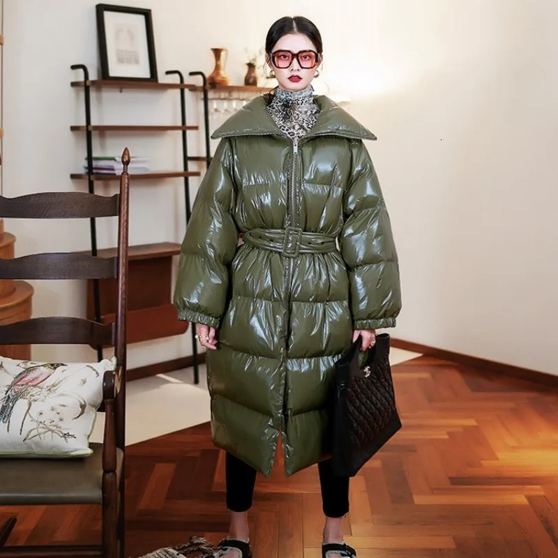 Algae green Зимнее пальто для женщин, роскошная блестящая лакированная кожа, пуховик с подкладом, длинная ветрозащитная зимняя теплая парка, женский пояс, пальто большого размера - Цвет: Algae green