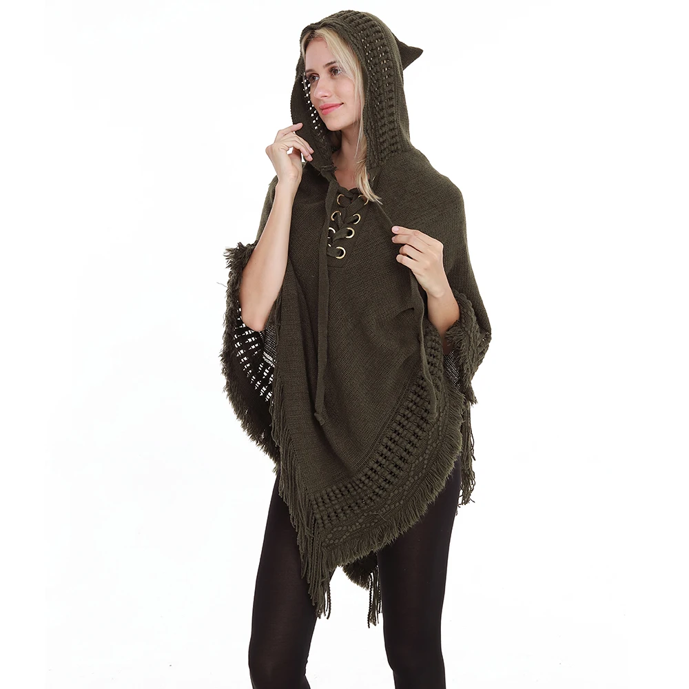 2019New Ladies Hooded Poncho Solid Color Cape With Rope Tassel Crochet Knitting Poncho For Women Pullover