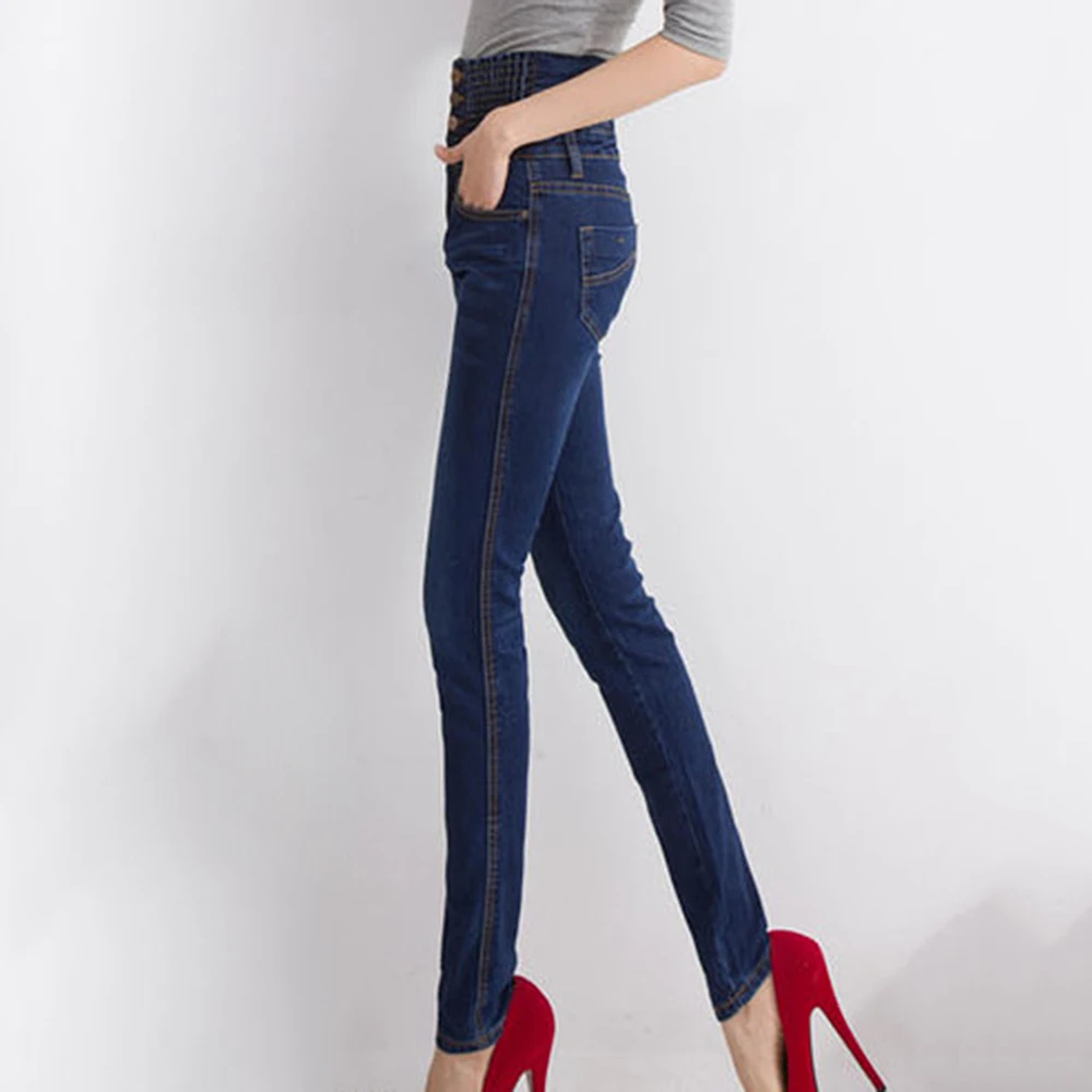 Womens Winter Warm Jeans Casual High Waist Skinny Fleece Lined Pencil Pants Elastic Waist Button Trousers Plus Size Female Jeans
