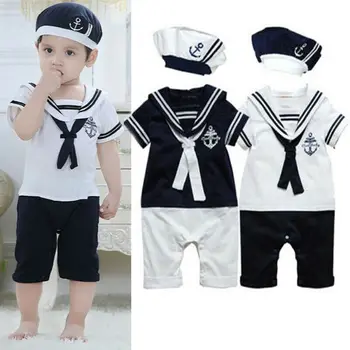 

12-18months Toddler Baby Clothes Set Sailor Collar Baby Girls Rompers Short Sleeve One Piece Jumpsuits For Boys Clothes Hats Set
