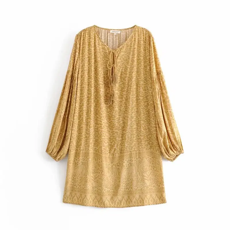 

Western Style 2019 Spring And Summer New Style WOMEN'S Dress Leopord Pattern Positioning Printed Tassels Decoration Lantern Slee