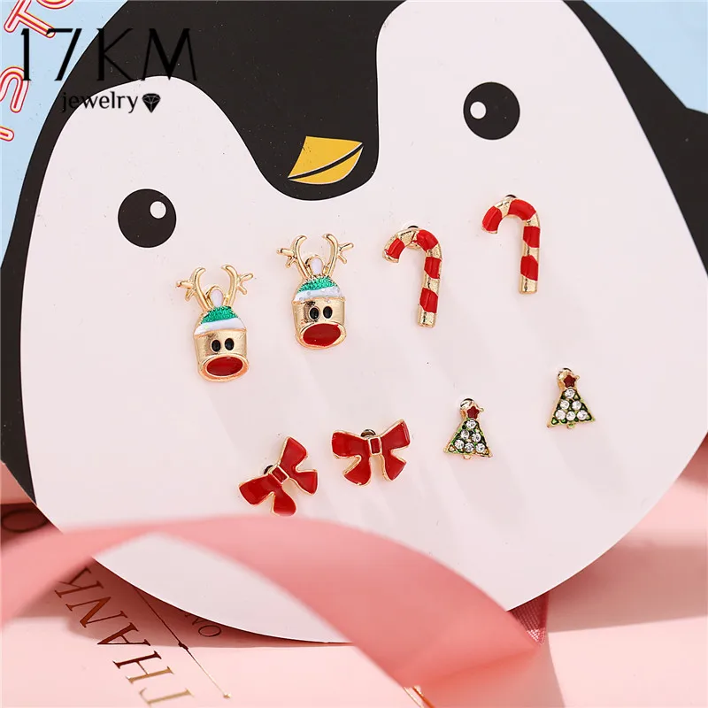 17KM Christmas Earrings For Women Girl Amazing Price Tree Reindeer Bowknot Stud Earring Set Christmas Gift Fashion Jewelry