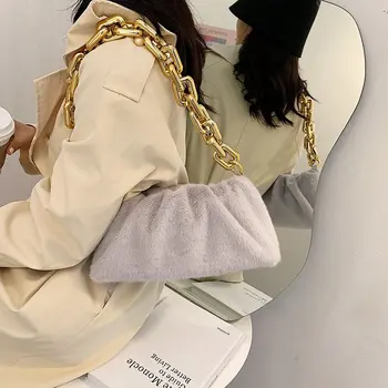

Hot Women Solid Color Shoulder Bags Female Thick Chain Bag Fashion Personality Soft Plush Gold Strap New Design Plush Handbags